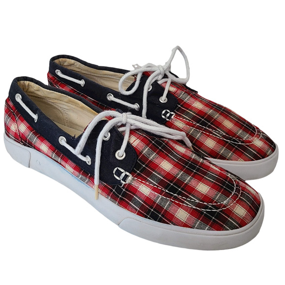 POLO RALPH LAUREN Red Plaid Top Sider Boat Shoe Sneaker 816096197 Men's Size 13D - Picture 1 of 11